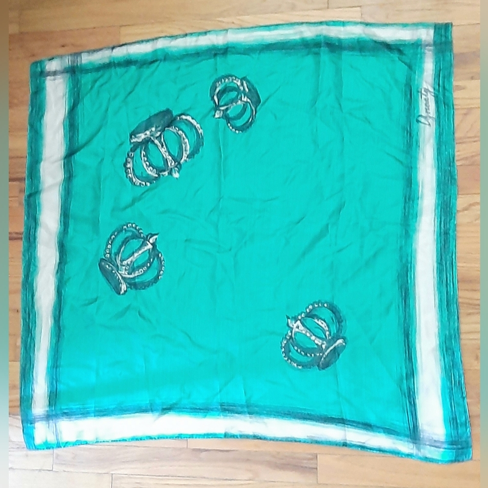 Hand Painted Crowns on Green Scarf, Signed